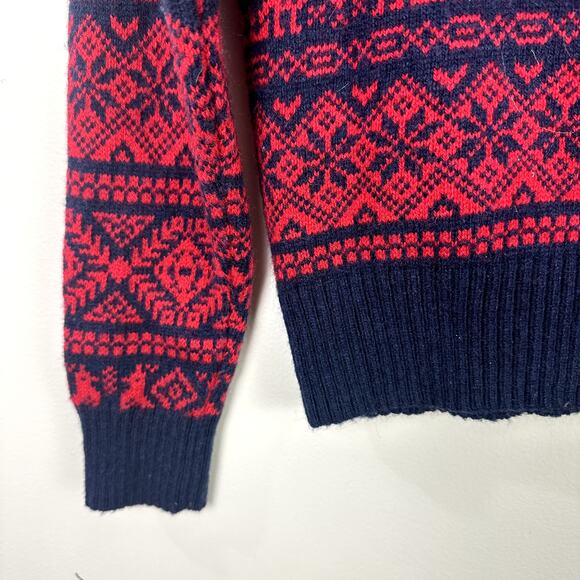 J Crew Cheerful Fair Isle Mock Neck Lambs Wool Sweater Red Blue XS Extra Small - Picture 6 of 10